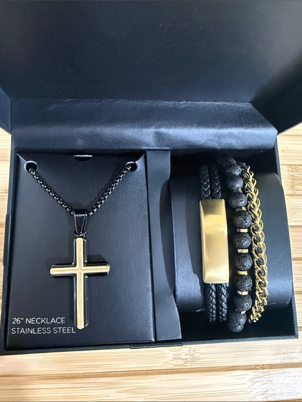 Black/Gold Stainless Steel Cross 26 in Necklace & Bracelet jewelry set